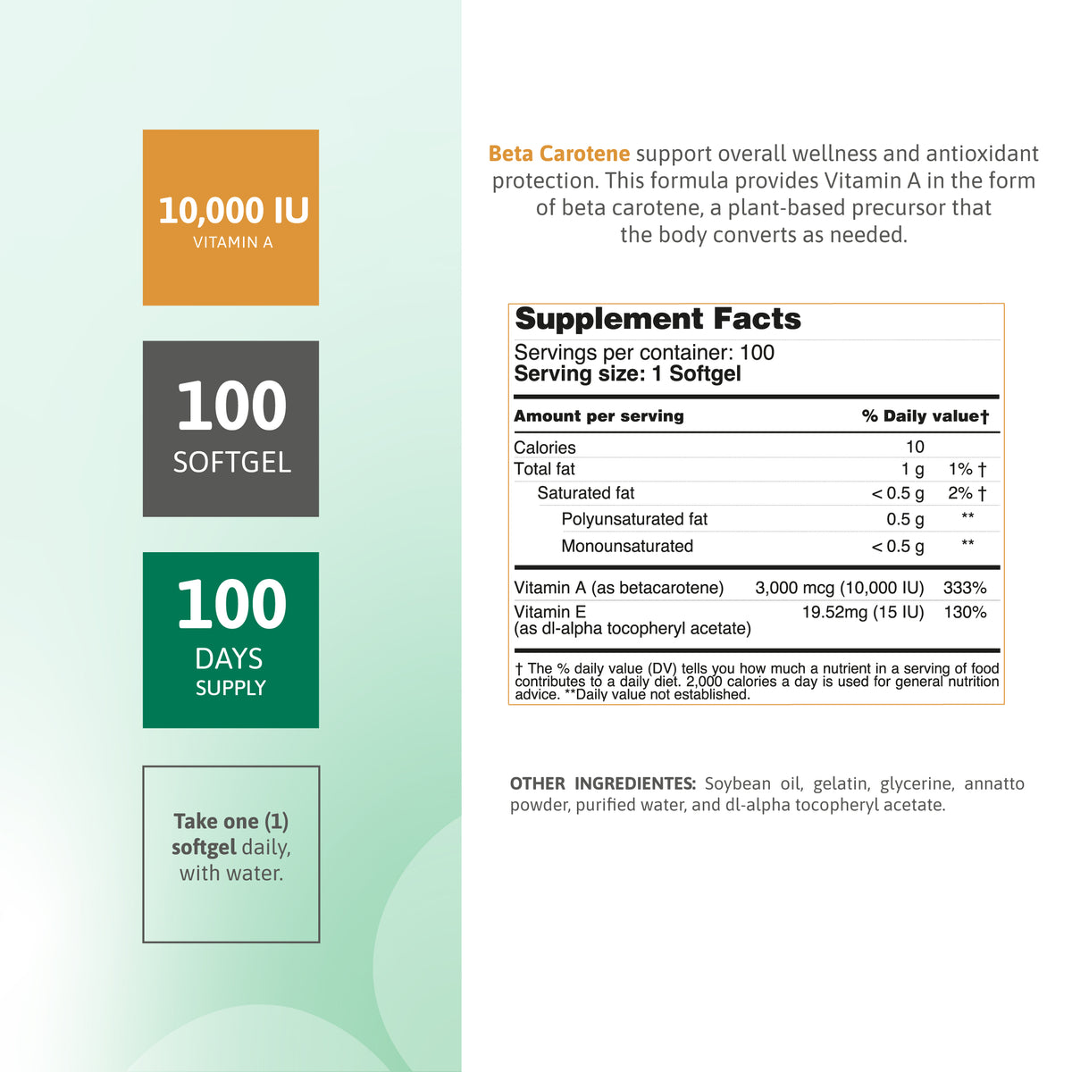 Beta Carotene 10,000 IU – Vitamin A from Beta-Carotene | 100 Softgels - Benfit