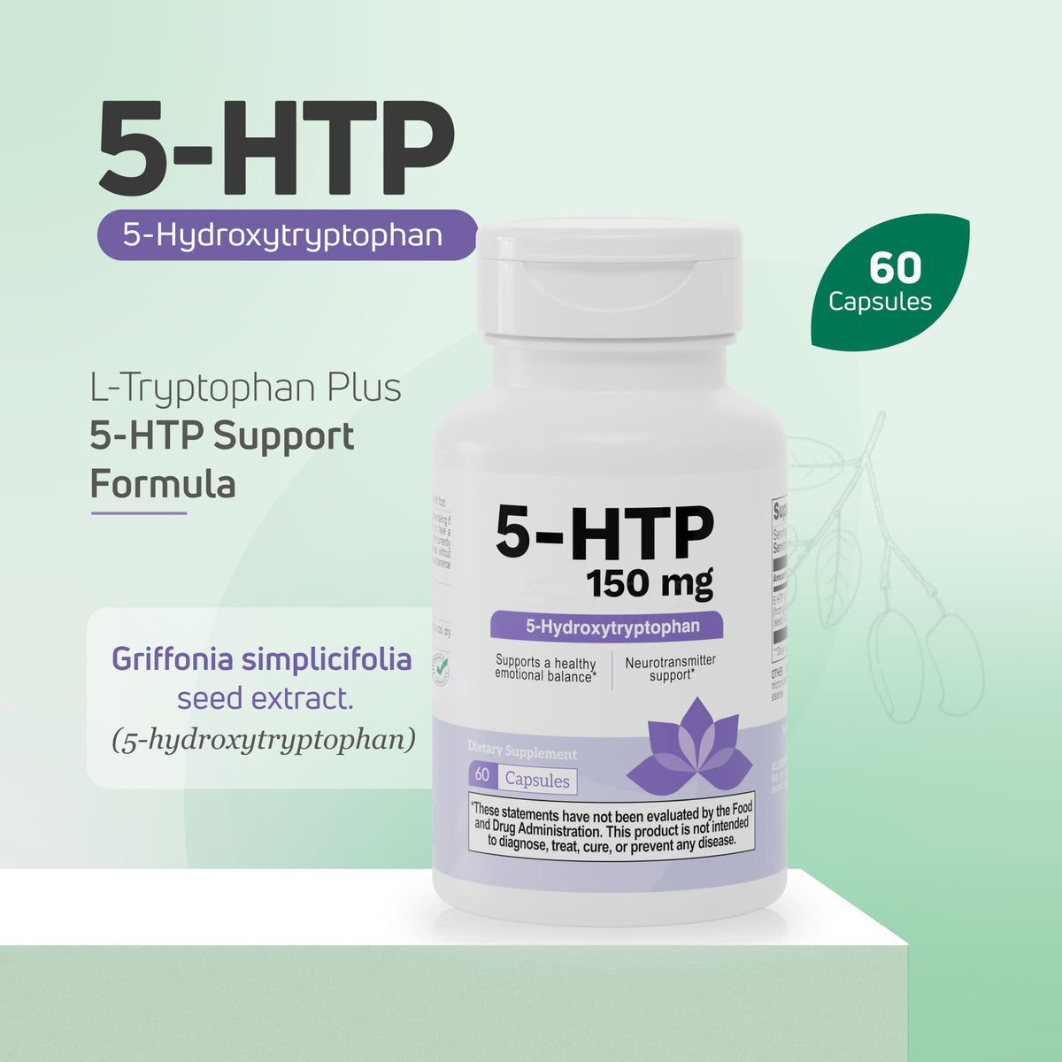 5-HTP 150 mg supplement made with Griffonia simplicifolia seed extract to support mood balance, emotional wellness, and serotonin production.