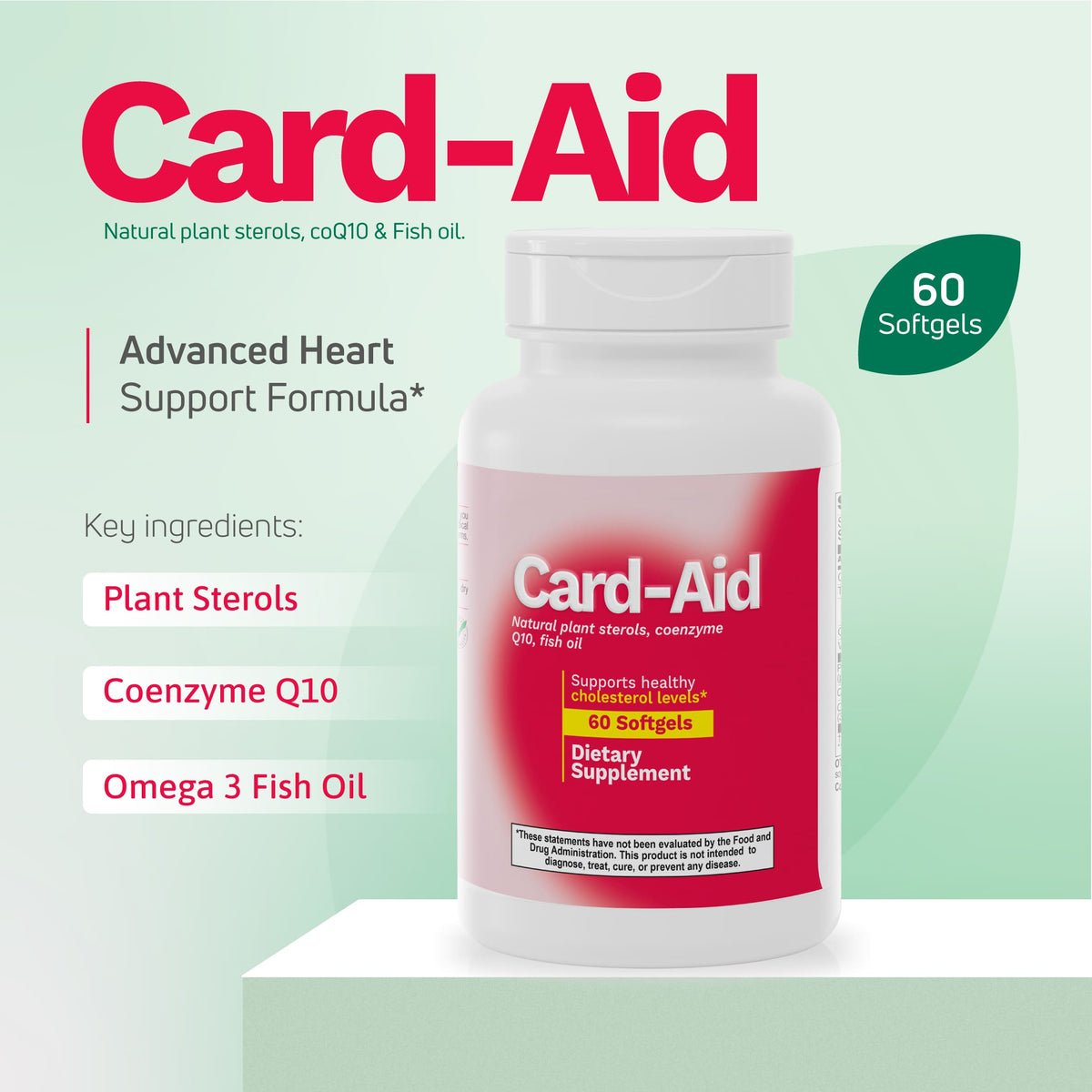 Card-Aid heart support supplement featuring plant sterols, coenzyme Q10, and omega-3 fish oil to support healthy cholesterol levels.
