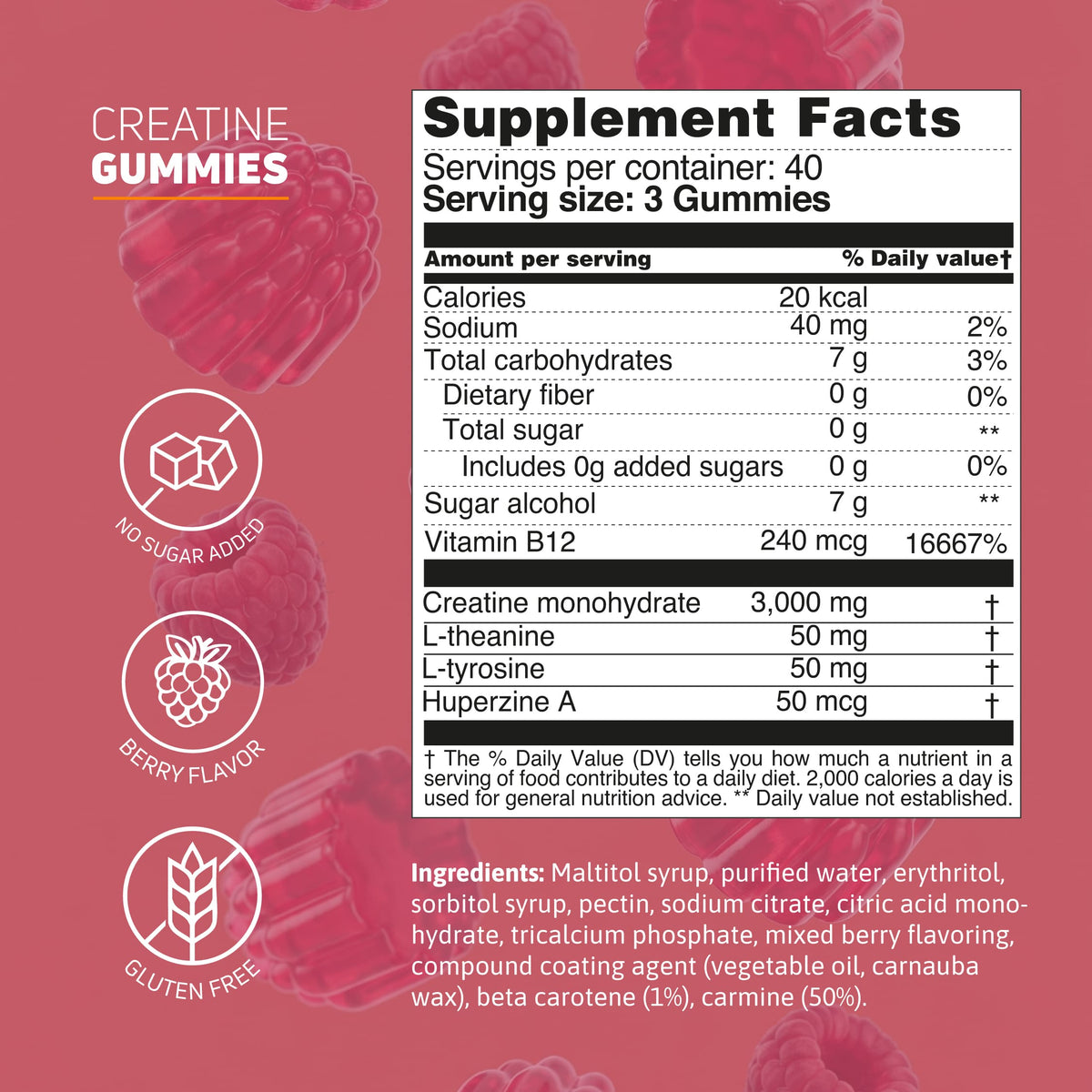 Supplement Facts for creatine monohydrate gummies featuring 3,000 mg of creatine per serving, Vitamin B12, berry flavor, no sugar added, and gluten free formula.