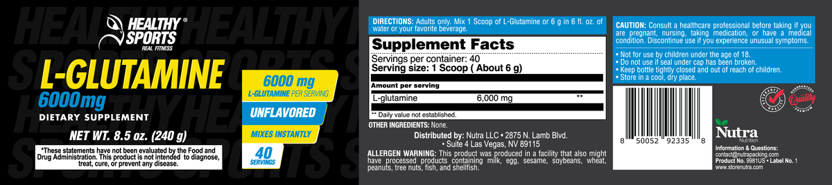 L-Glutamine powder providing 6000 mg per serving, unflavored dietary supplement with 40 servings and 8.5 oz net weight, with Supplement Facts and directions.