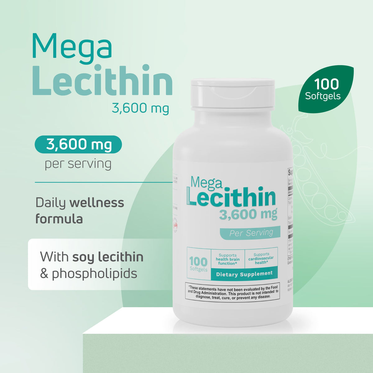 Supplement Facts panel for Mega Lecithin soy lecithin supplement showing 3600 mg per serving, 100 softgels, phospholipids, and serving information.