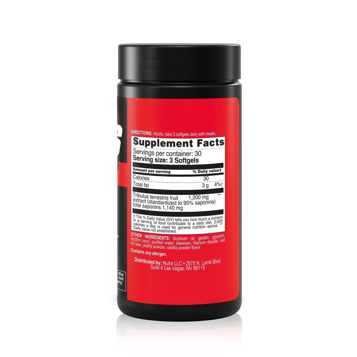 Supplement Facts label for Tribulus Terrestris 1200 mg softgels standardized to 95% saponins with serving size, nutrition information, and ingredients.