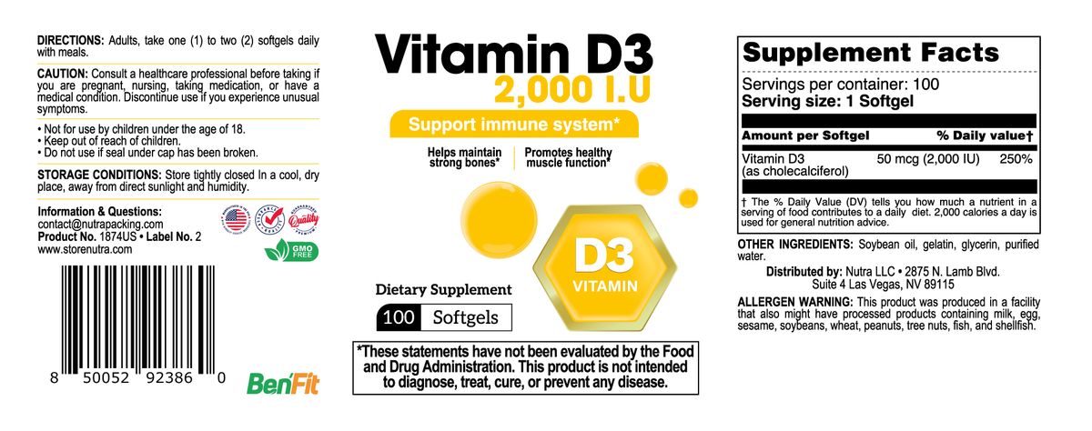 Vitamin D3 2000 IU supplement with 50 mcg cholecalciferol per softgel, 100 softgels, with Supplement Facts, ingredients and directions.