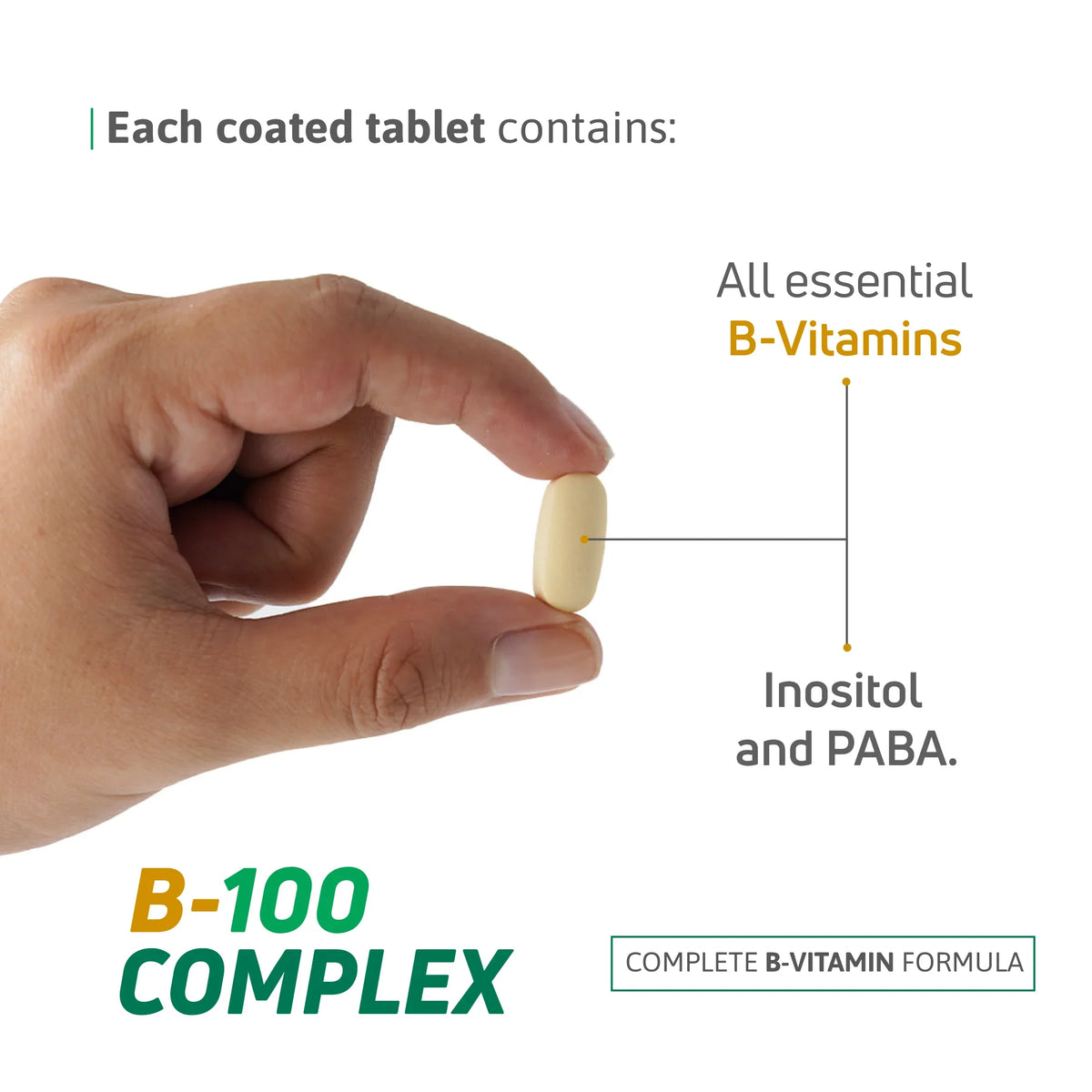 B-100 Complex coated tablet with essential B-vitamins, inositol and PABA