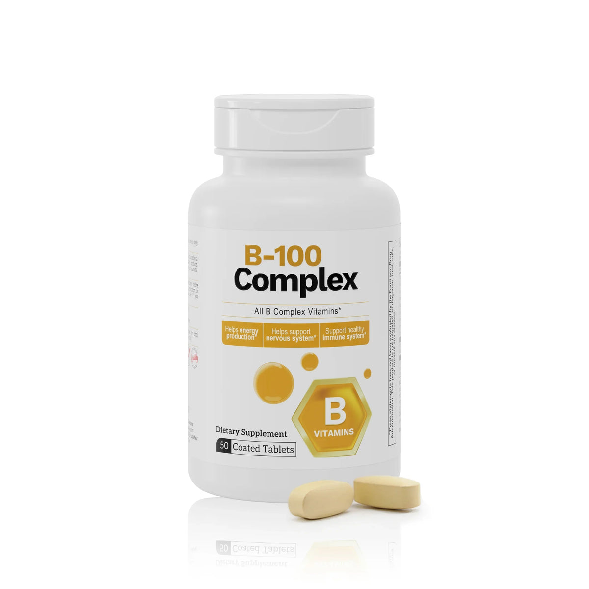 B-100 Complex vitamins dietary supplement bottle with 50 coated tablets for energy and nervous system support