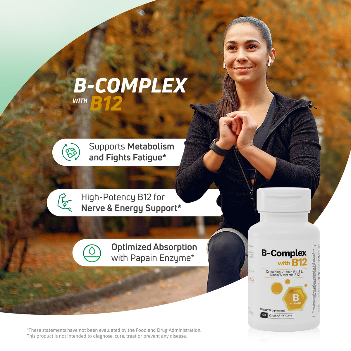 B-Complex with B12 supplement lifestyle image for metabolism, nerve support and energy support