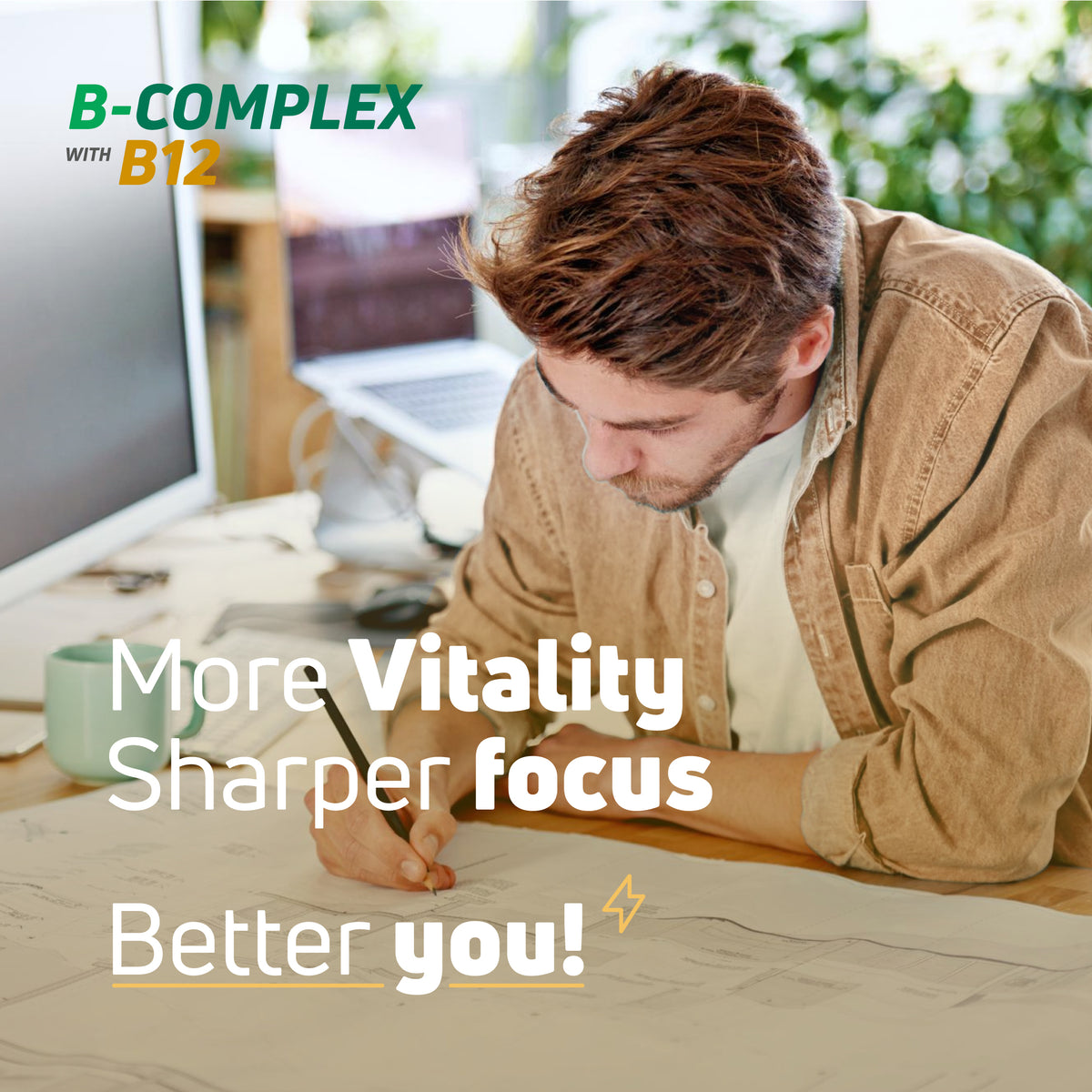 B-Complex with B12 lifestyle image for vitality, sharper focus and daily wellness