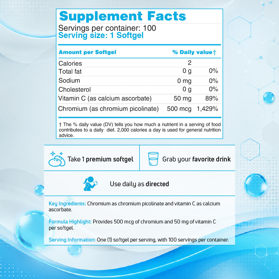 Supplement facts and serving directions for Chromium Picolinate softgels with vitamin C included in the BenFit Beauty & Mineral Balance Bundle.