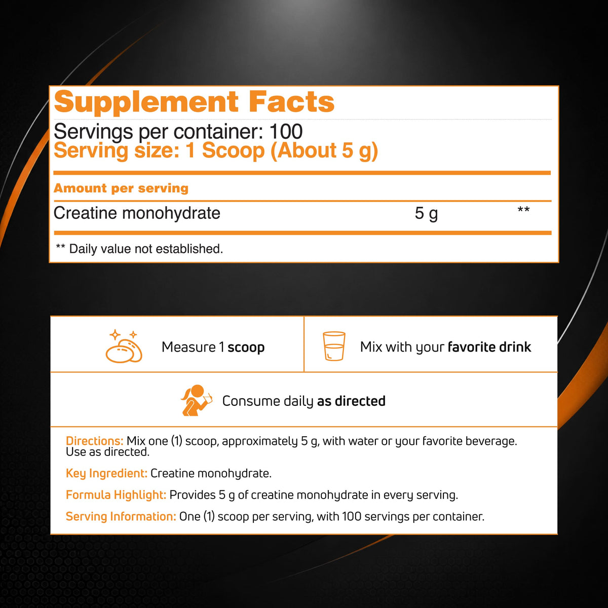 Supplement facts and serving instructions for Creatine Monohydrate powder included in the BenFit Creatine Monohydrate Twin Pack.