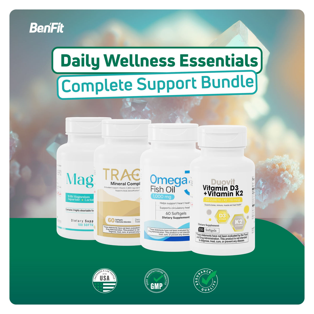 BenFit Daily Wellness Essentials Complete Support Bundle featuring Magnesium, Trace Mineral Complex, Omega 3 Fish Oil, and Vitamin D3 + K2 dietary supplements.