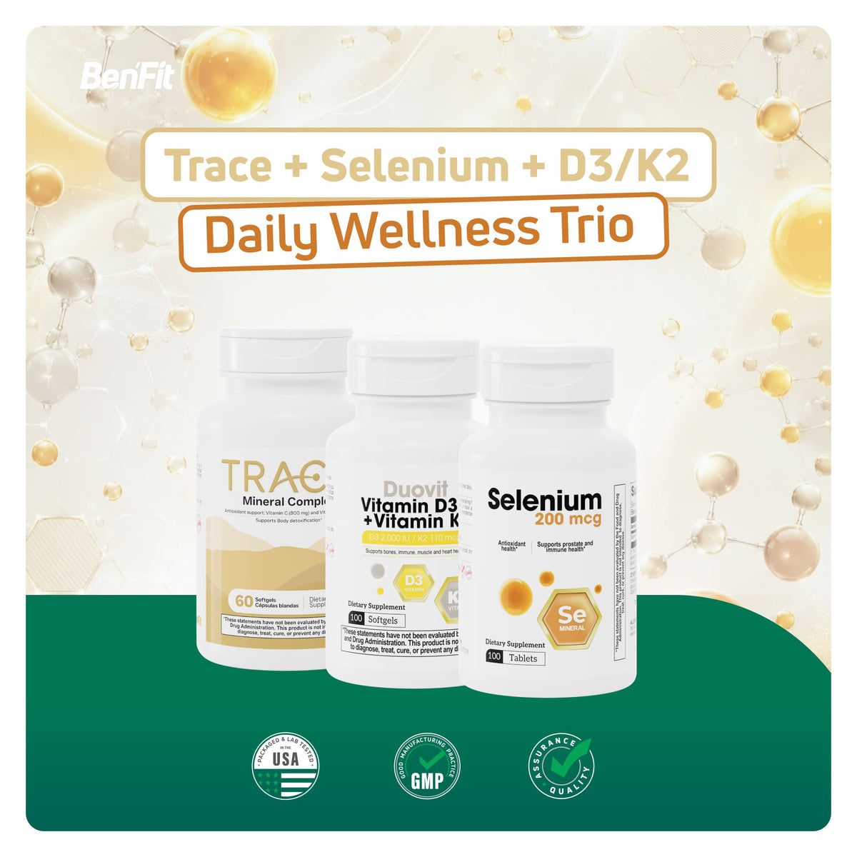 BenFit Daily Wellness Trio featuring Trace Mineral Complex, Selenium 200 mcg, and Duovit Vitamin D3 + K2 for comprehensive daily nutritional support.