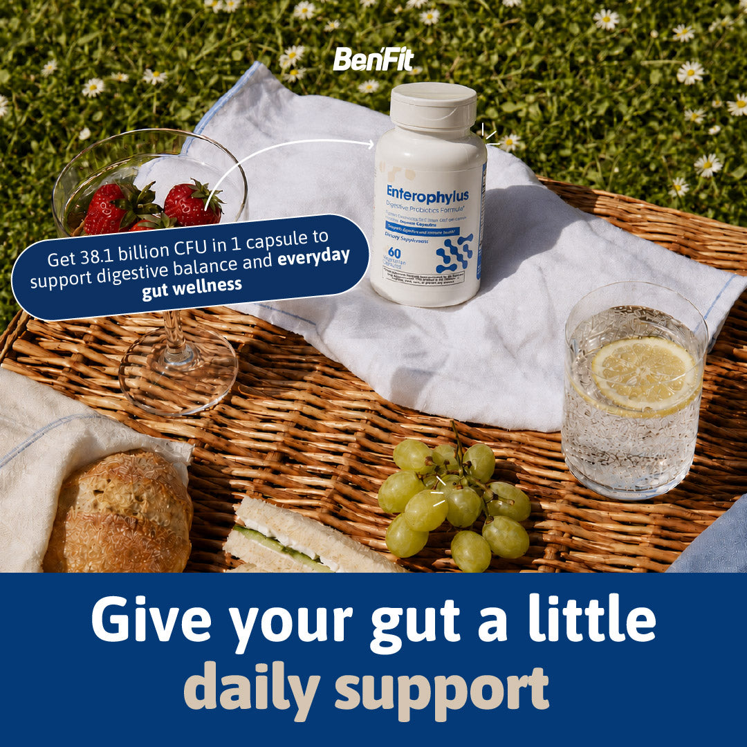 Enterophylus probiotic supplement displayed in a healthy picnic setting, highlighting 38.1 billion CFU and daily digestive wellness support.