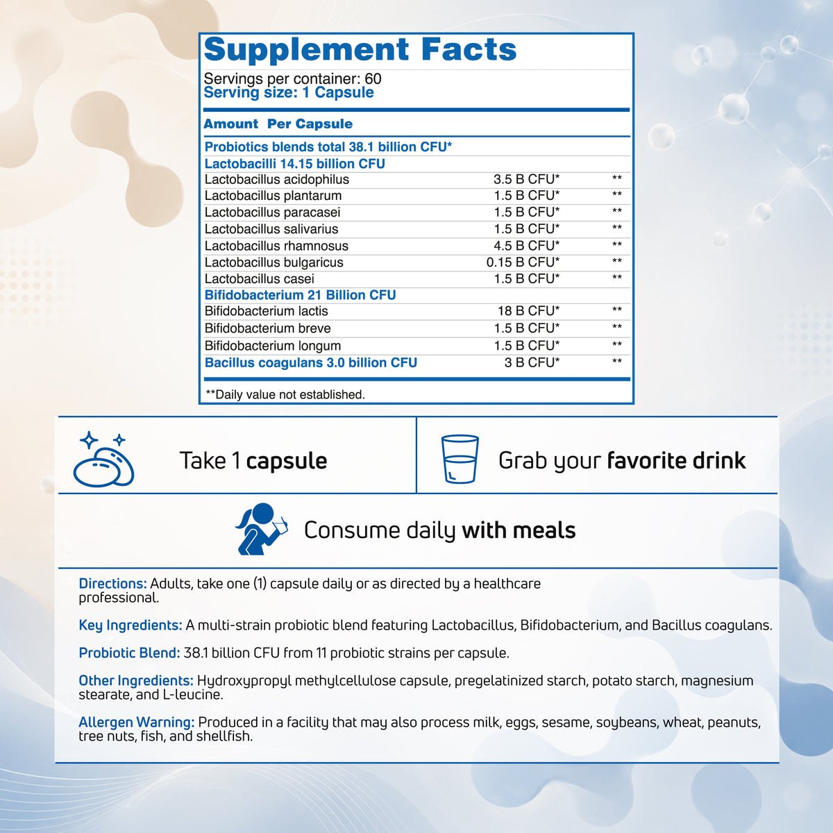 Enterophylus probiotic supplement facts panel featuring 38.1 billion CFU, 11 probiotic strains, usage directions, and ingredient information.