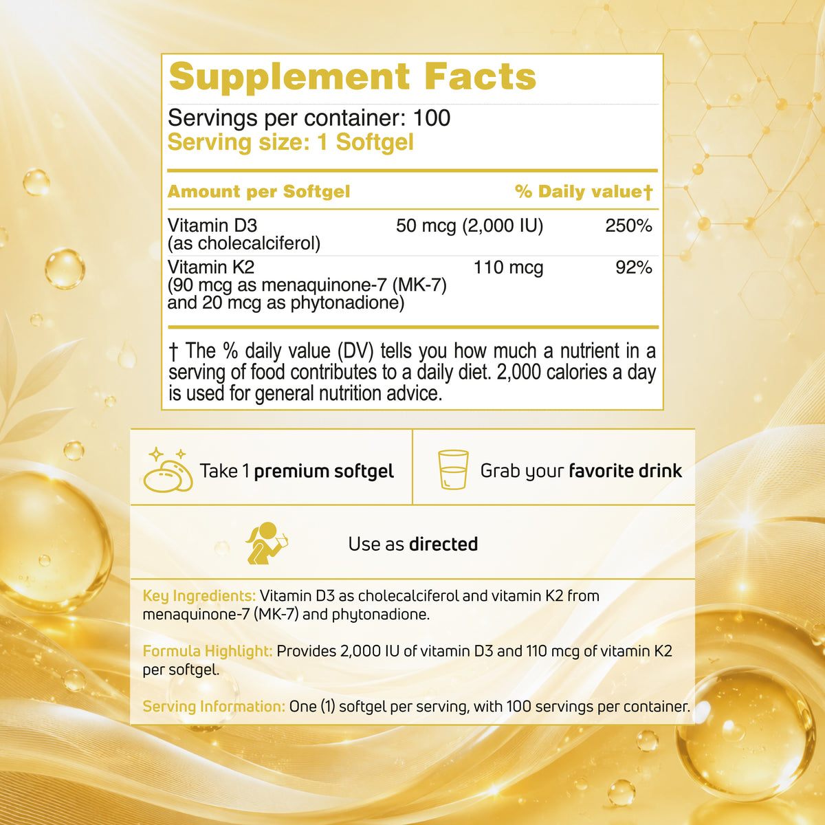 Nutrition facts and daily serving directions for Duovit Vitamin D3 + K2 softgels included in the BenFit Hair Root Revitalizing Bundle.