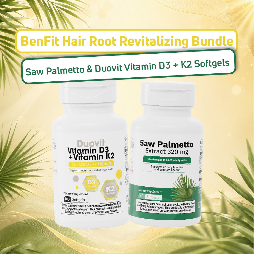BenFit Hair Root Revitalizing Bundle featuring Saw Palmetto extract and Duovit Vitamin D3 + K2 softgels to support healthy hair roots and daily wellness.