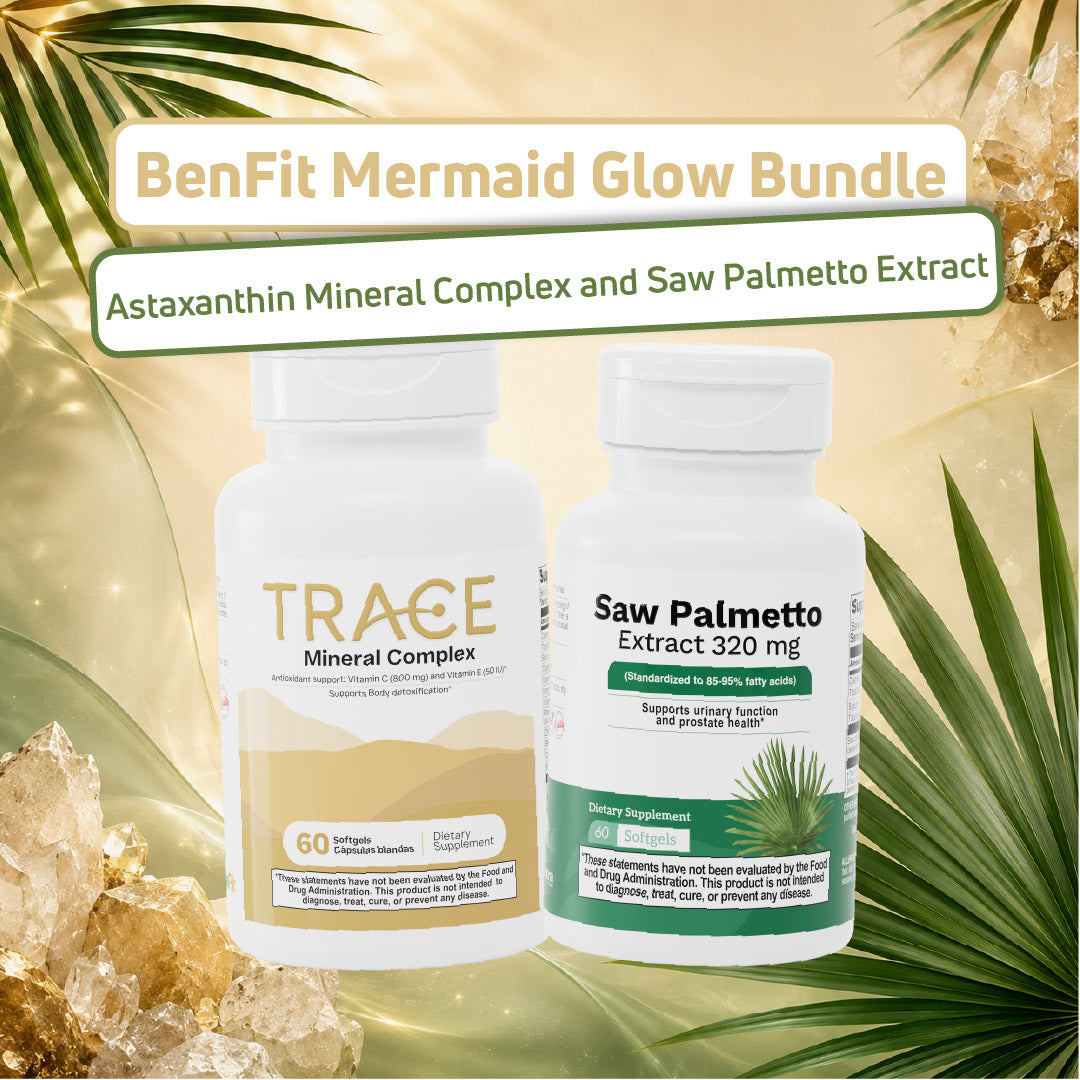 BenFit Mermaid Glow Bundle featuring Trace Mineral Complex with astaxanthin and Saw Palmetto extract to support healthy hair, skin, and daily wellness.