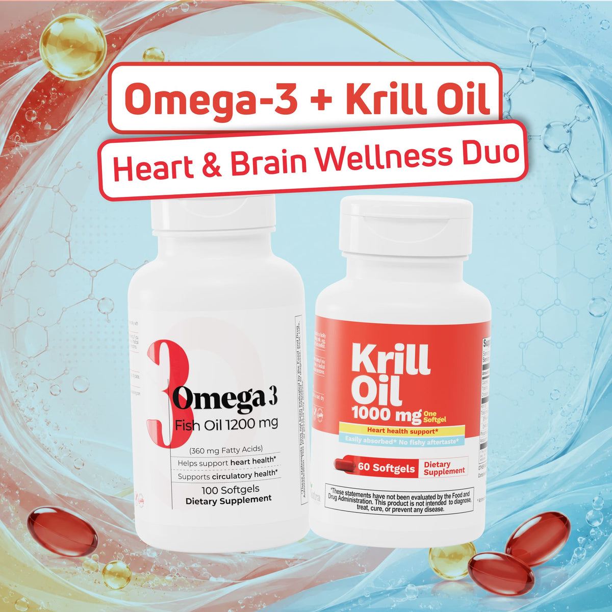 BenFit Heart & Brain Wellness Duo featuring Omega-3 Fish Oil and Krill Oil dietary supplements for daily cardiovascular and cognitive wellness support.