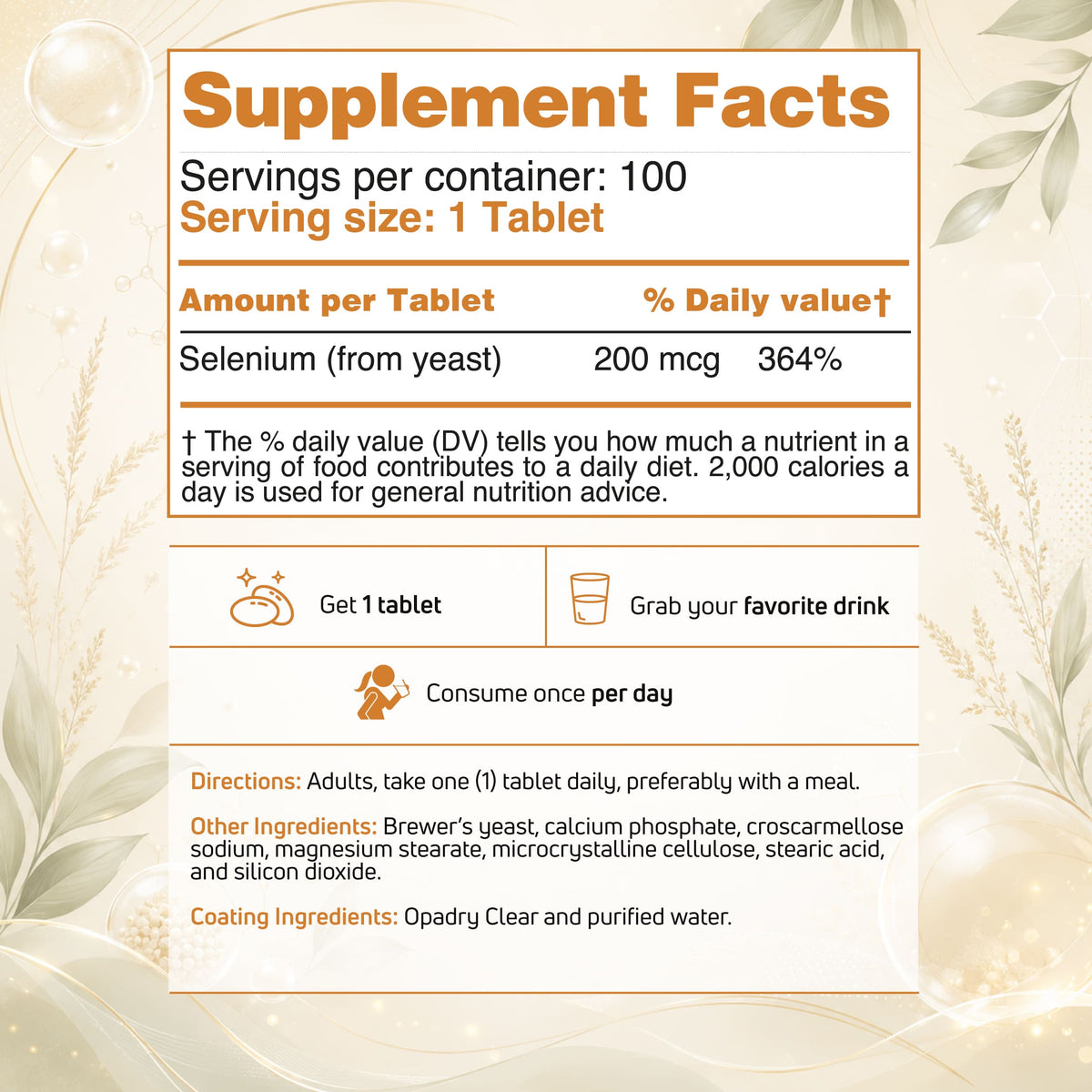BenFit Selenium 200 mcg supplement facts panel featuring serving size, selenium content, usage directions, and ingredient information.