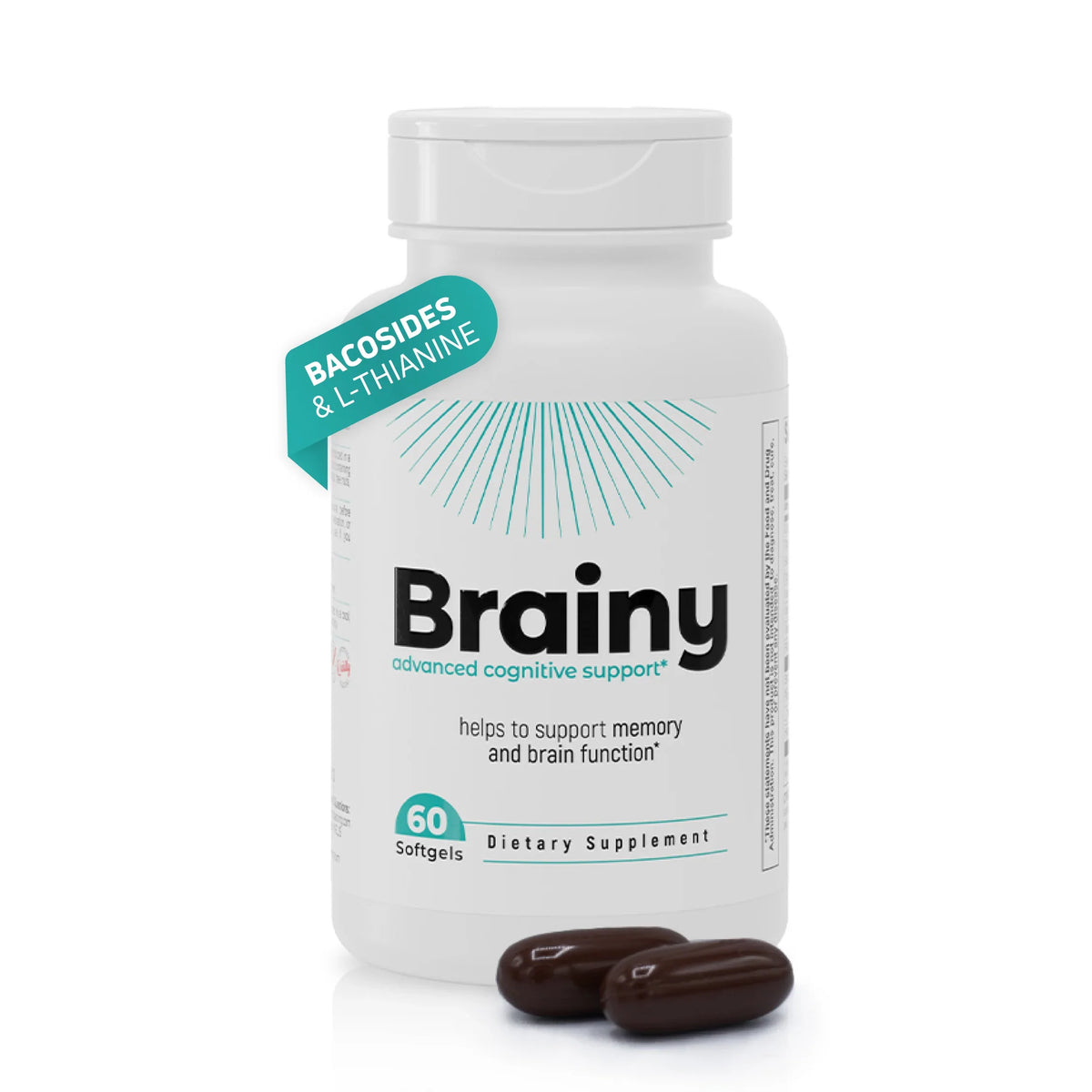 Brainy advanced cognitive support supplement bottle with Bacopa, L-Theanine and 60 softgels