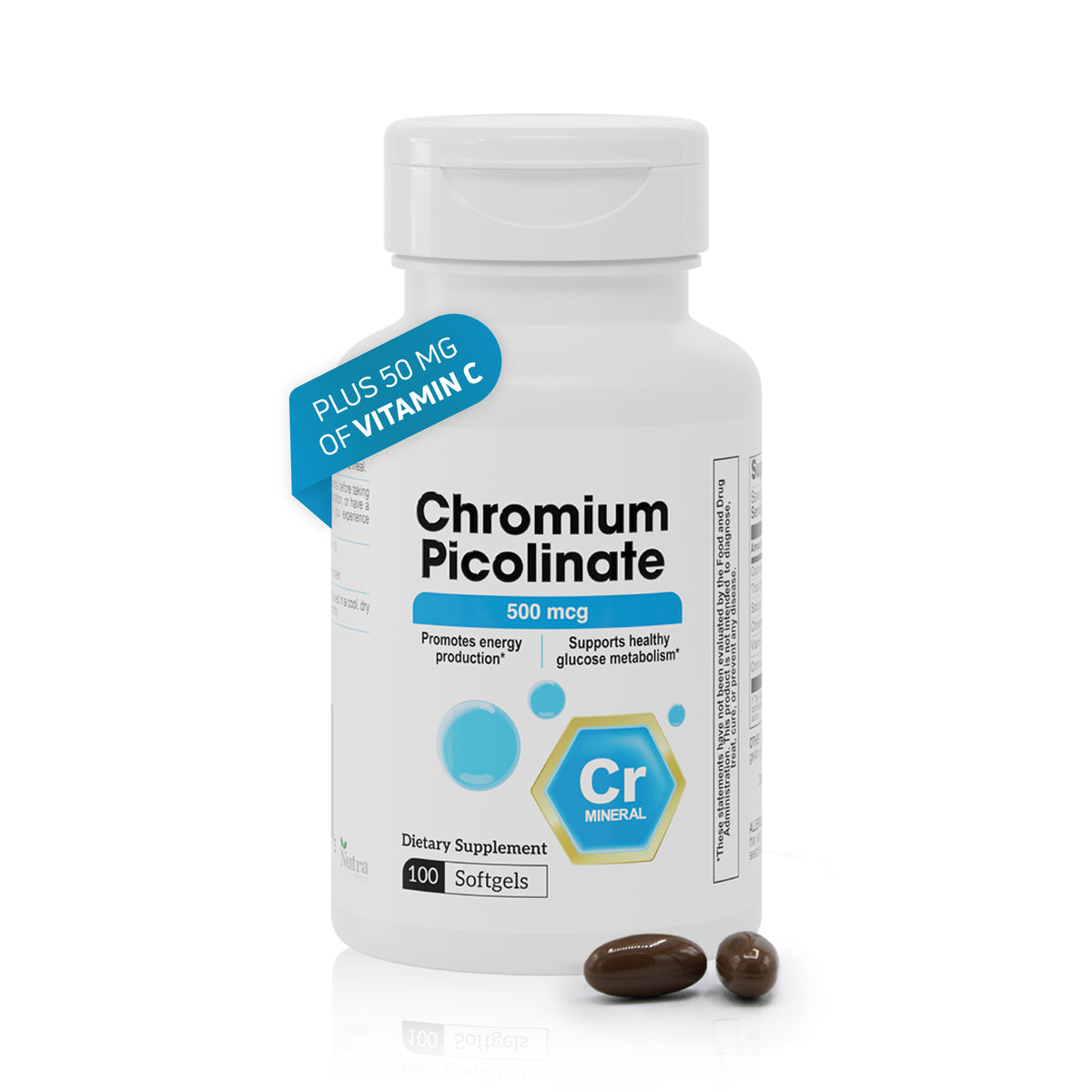 Chromium Picolinate 500 mcg supplement bottle with 50 mg Vitamin C and 100 softgels