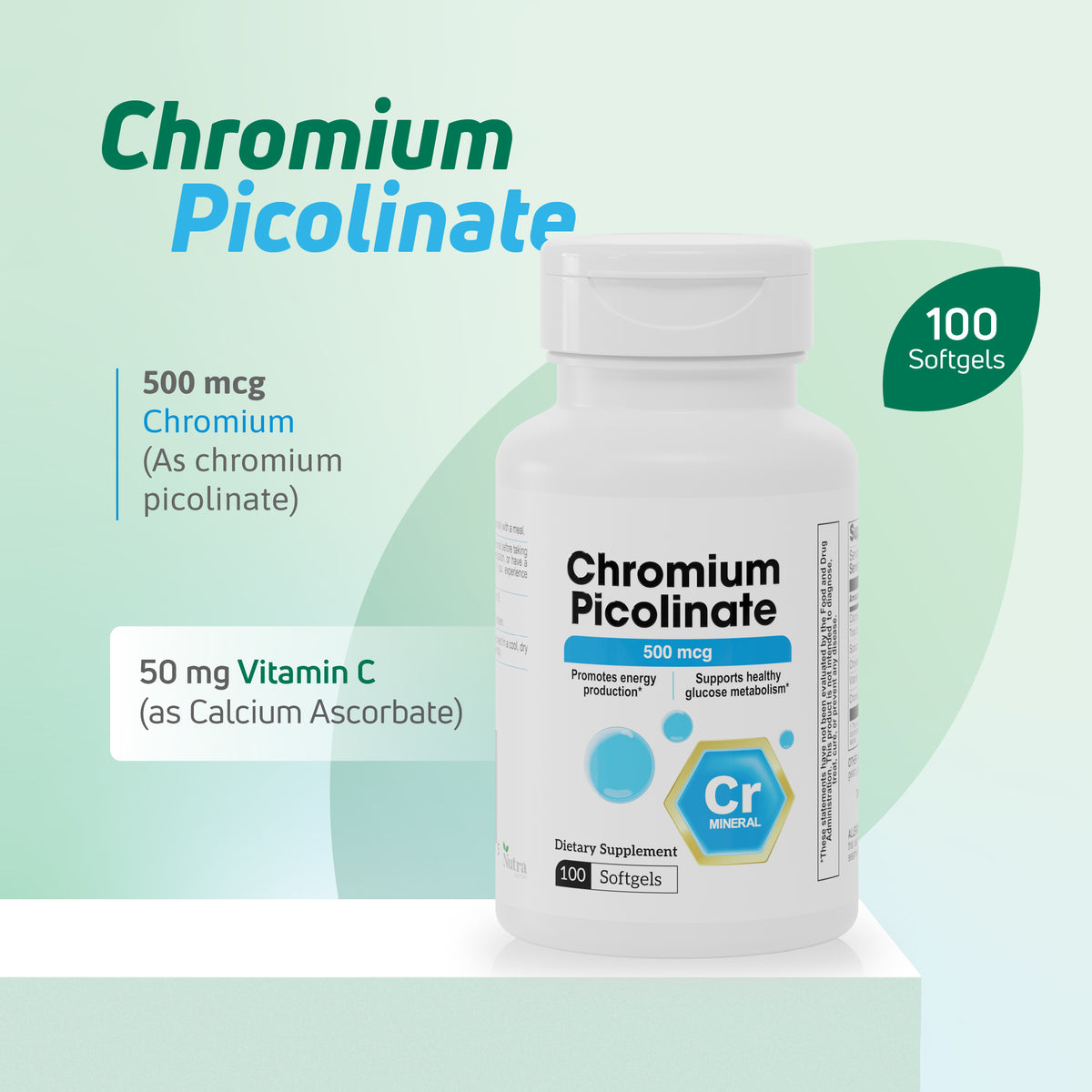 Chromium Picolinate 500 mcg supplement with 50 mg Vitamin C and 100 softgels