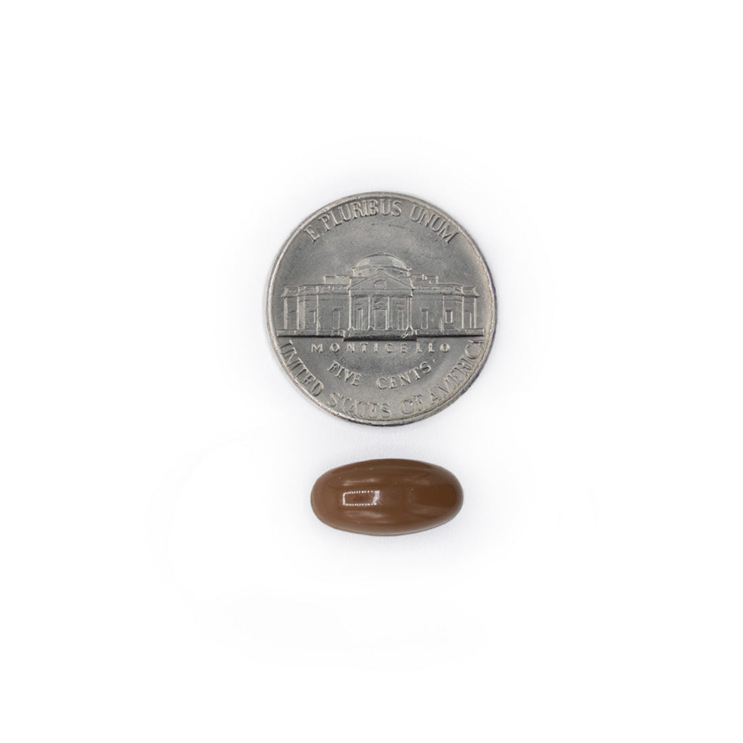 Chromium Picolinate brown softgel size comparison with coin on white background