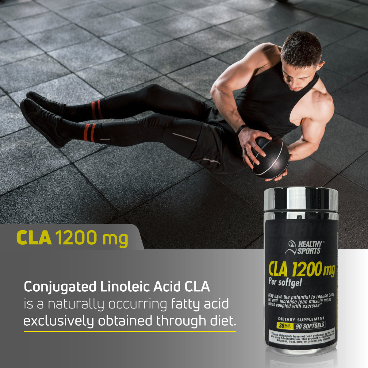 CLA 1200 mg Conjugated Linoleic Acid supplement with fitness lifestyle image and workout support