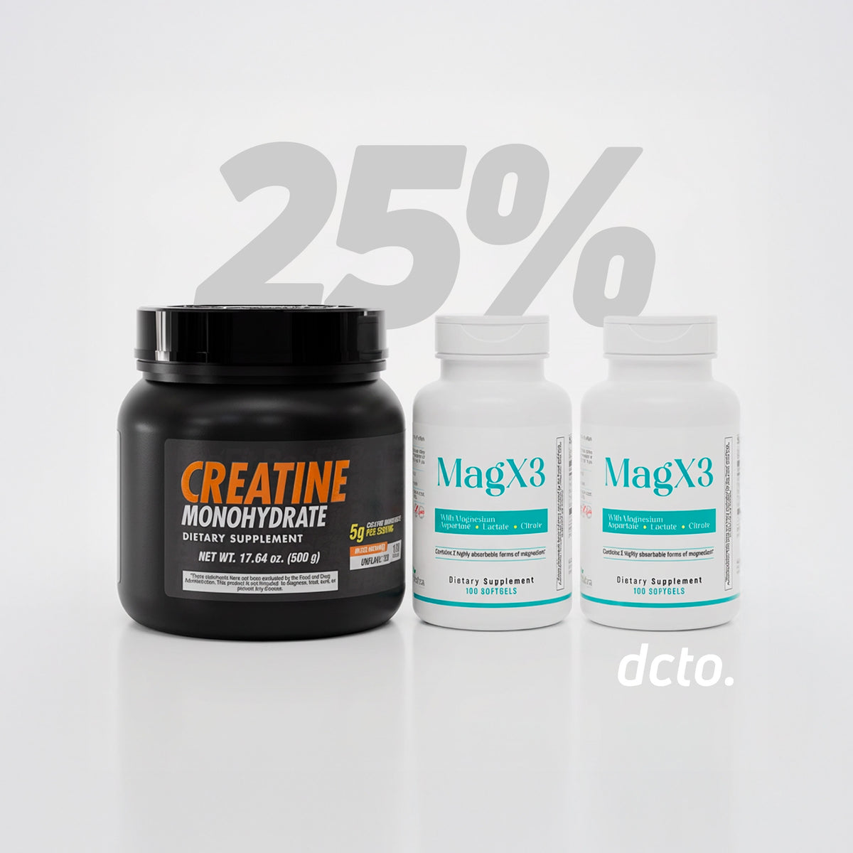 Creatine Monohydrate and MagX3 magnesium bundle with 25 percent discount promotion.