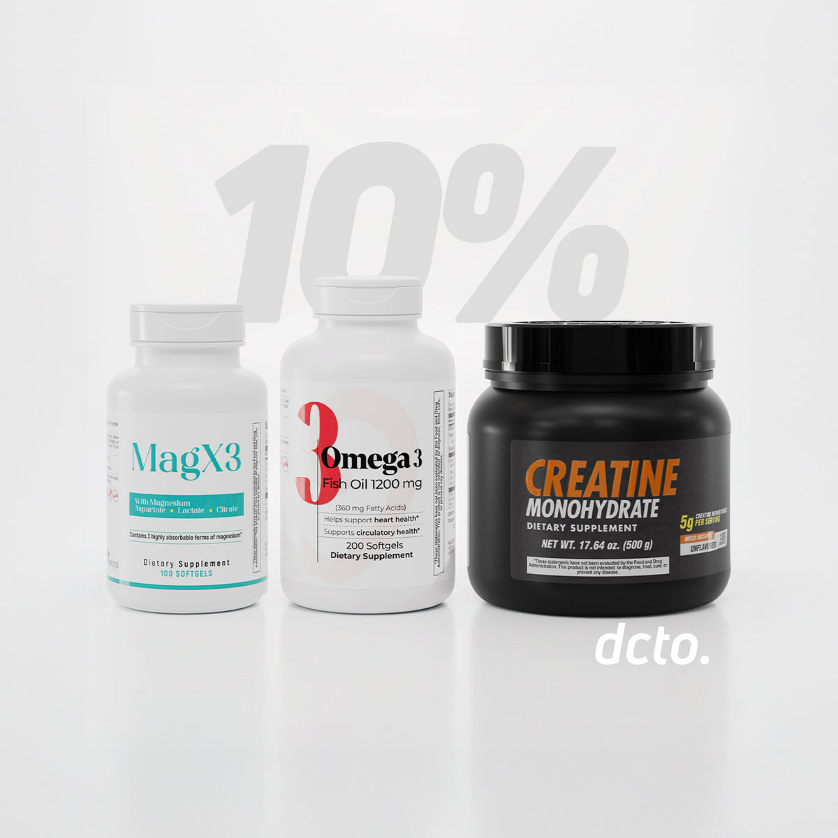 Creatine Monohydrate, MagX3, and Omega 3 Fish Oil bundle with 10 percent discount promotion.