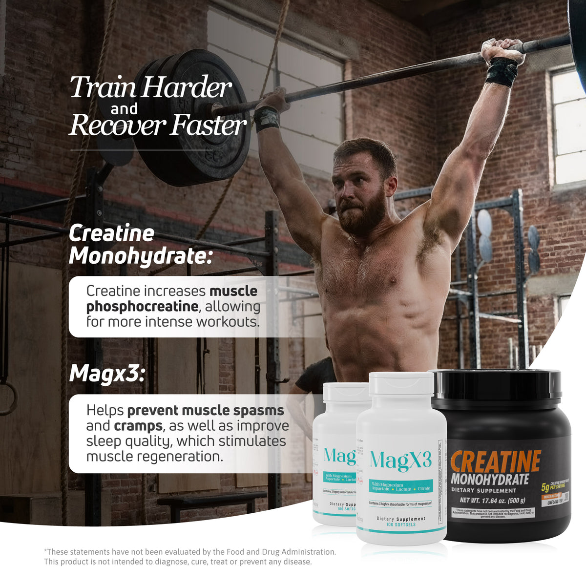 Creatine Monohydrate and MagX3 magnesium bundle for workout performance and recovery support.