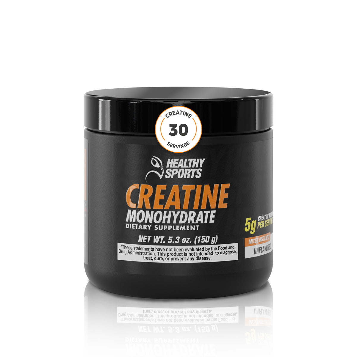 Creatine Monohydrate 150 g supplement jar with 30 servings and 5 g per serving.