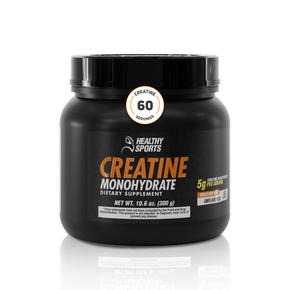 Creatine Monohydrate 300 g unflavored powder jar with 60 servings and 5 g per serving.