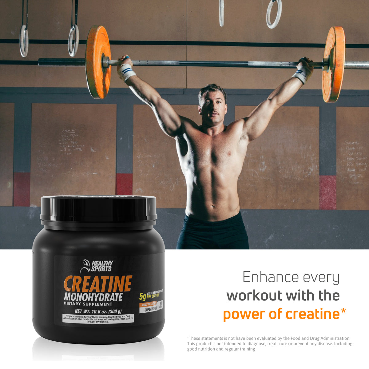 Creatine Monohydrate 300 g supplement with athlete lifting weights for workout power support.