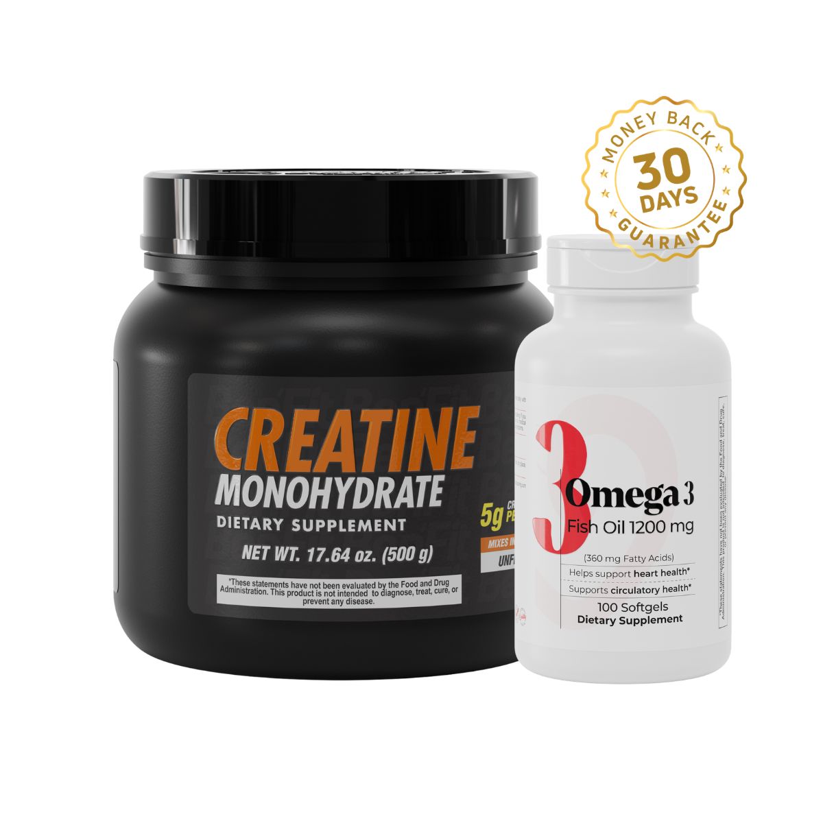 Creatine Monohydrate 500 g and Omega 3 Fish Oil 1200 mg supplement combo for strength, performance, and daily wellness support