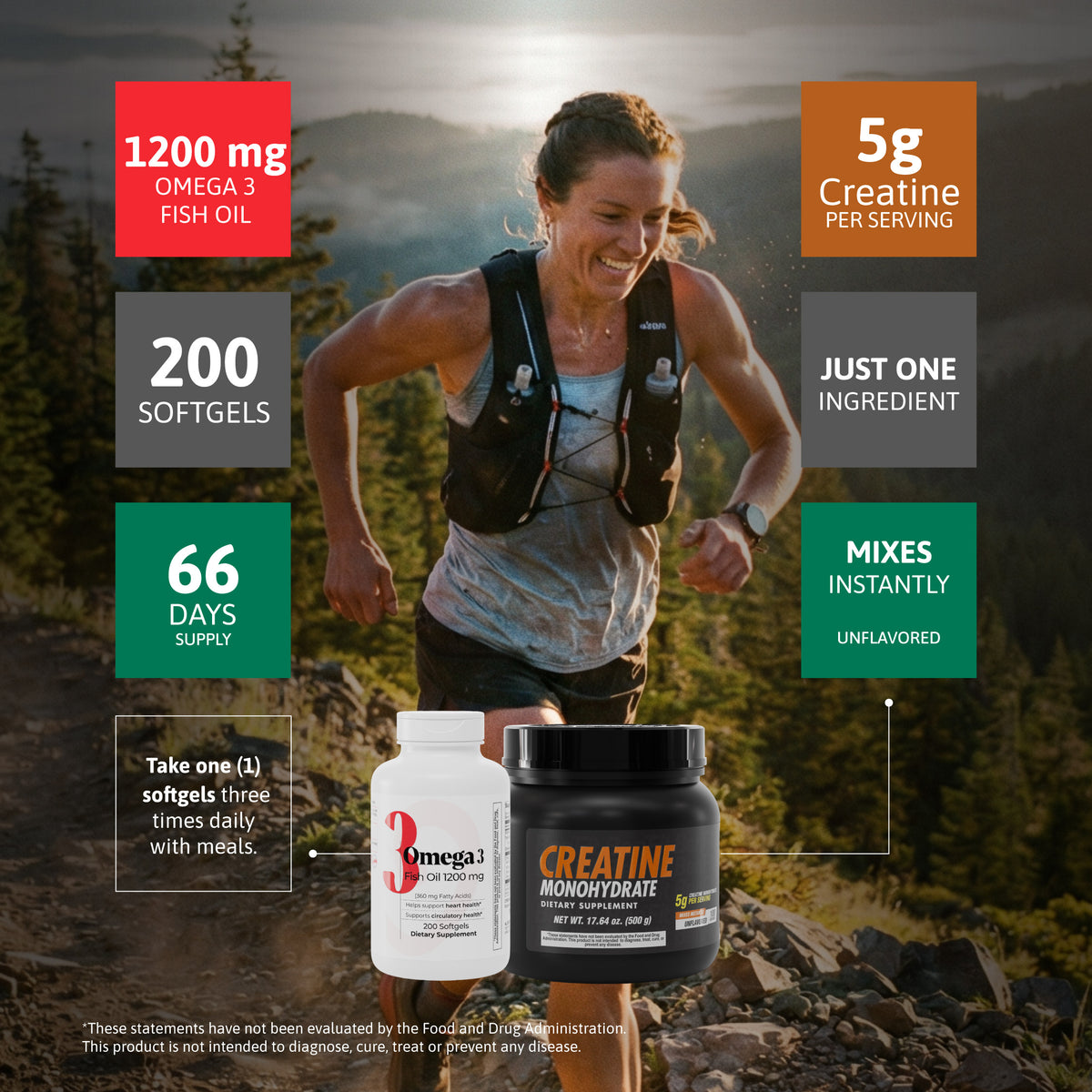 Supplement bundle details showing Omega 3 Fish Oil 1200 mg and Creatine Monohydrate 5 g per serving.