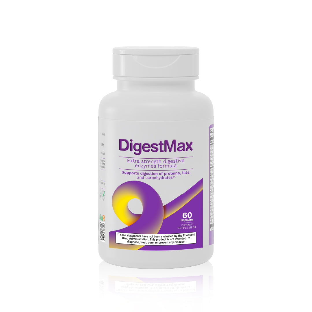 DigestMax digestive enzyme supplement with 14-enzyme blend, amla, B vitamins, and minerals in 60 vegetarian capsules.