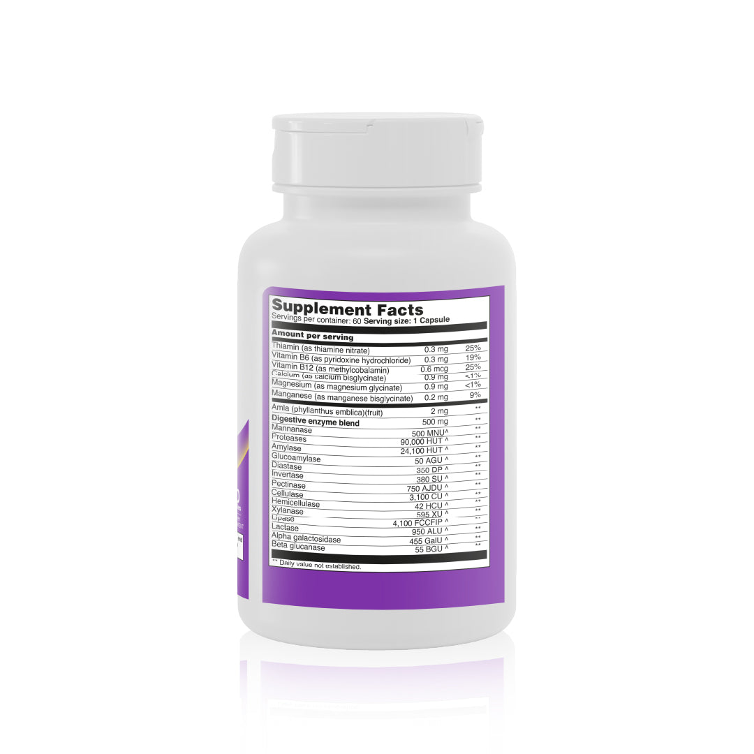 DigestMax supplement facts panel showing 500 mg digestive enzyme blend, amla, B vitamins, calcium, magnesium, and manganese.