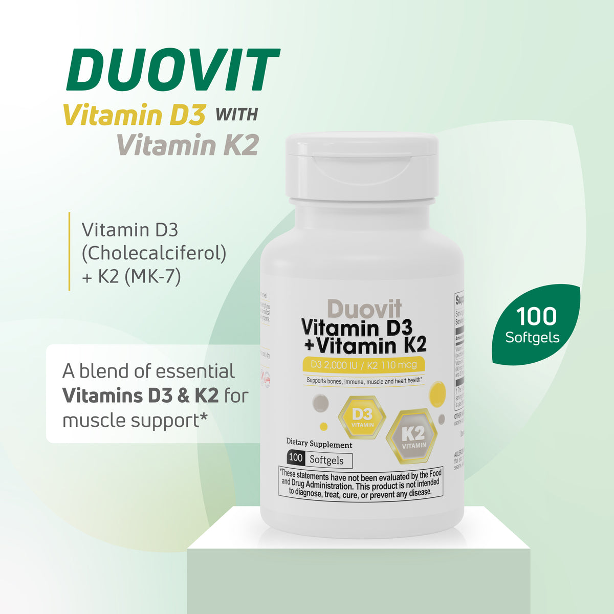 Duovit Vitamin D3 with Vitamin K2 supplement for bone, muscle, and wellness support.