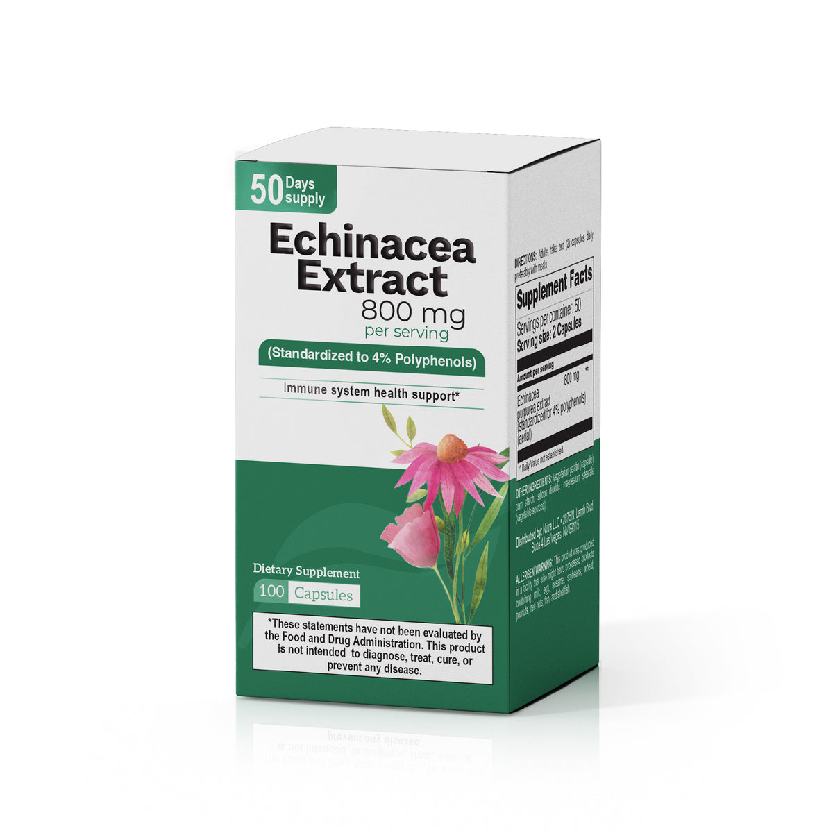 Echinacea Extract 800 mg supplement box with 100 capsules, 50 day supply and standardized 4% polyphenols.