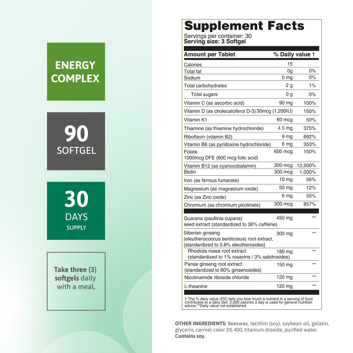 EnergyTon supplement facts panel with vitamins, minerals, guarana, ginseng, rhodiola and 90 softgels