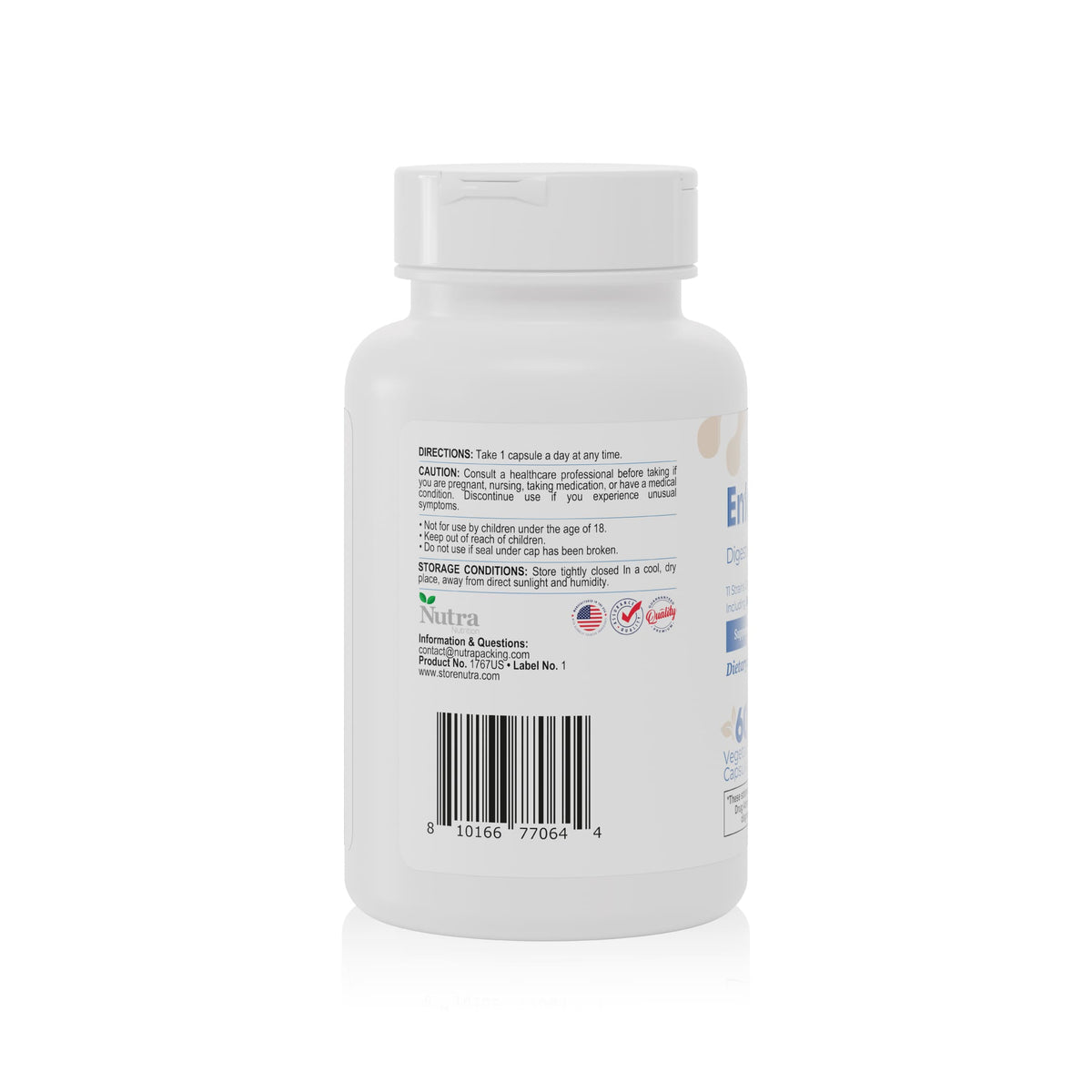 Back label of Enterophylus probiotic supplement showing directions, barcode, and product information