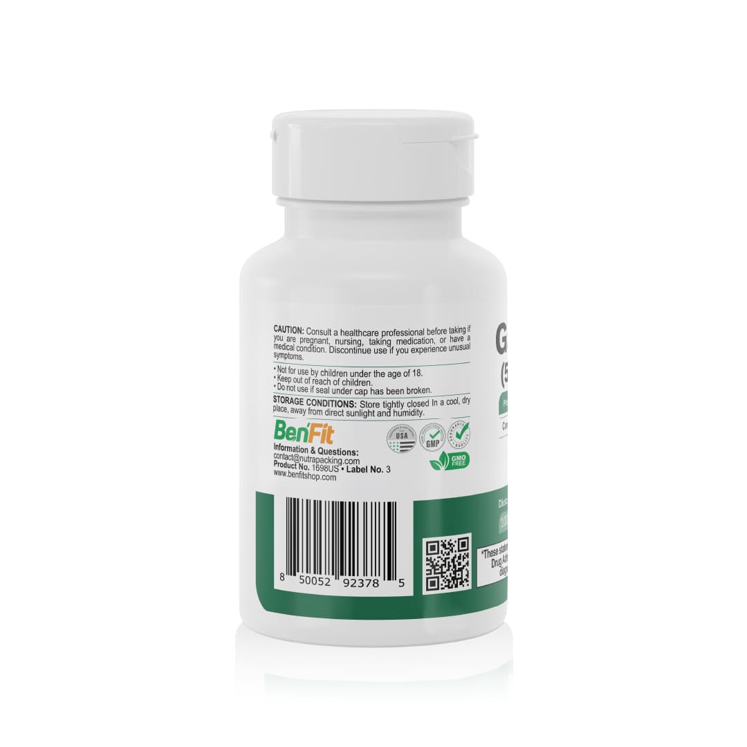 Garlic Oil supplement bottle back label with caution information, barcode and QR code