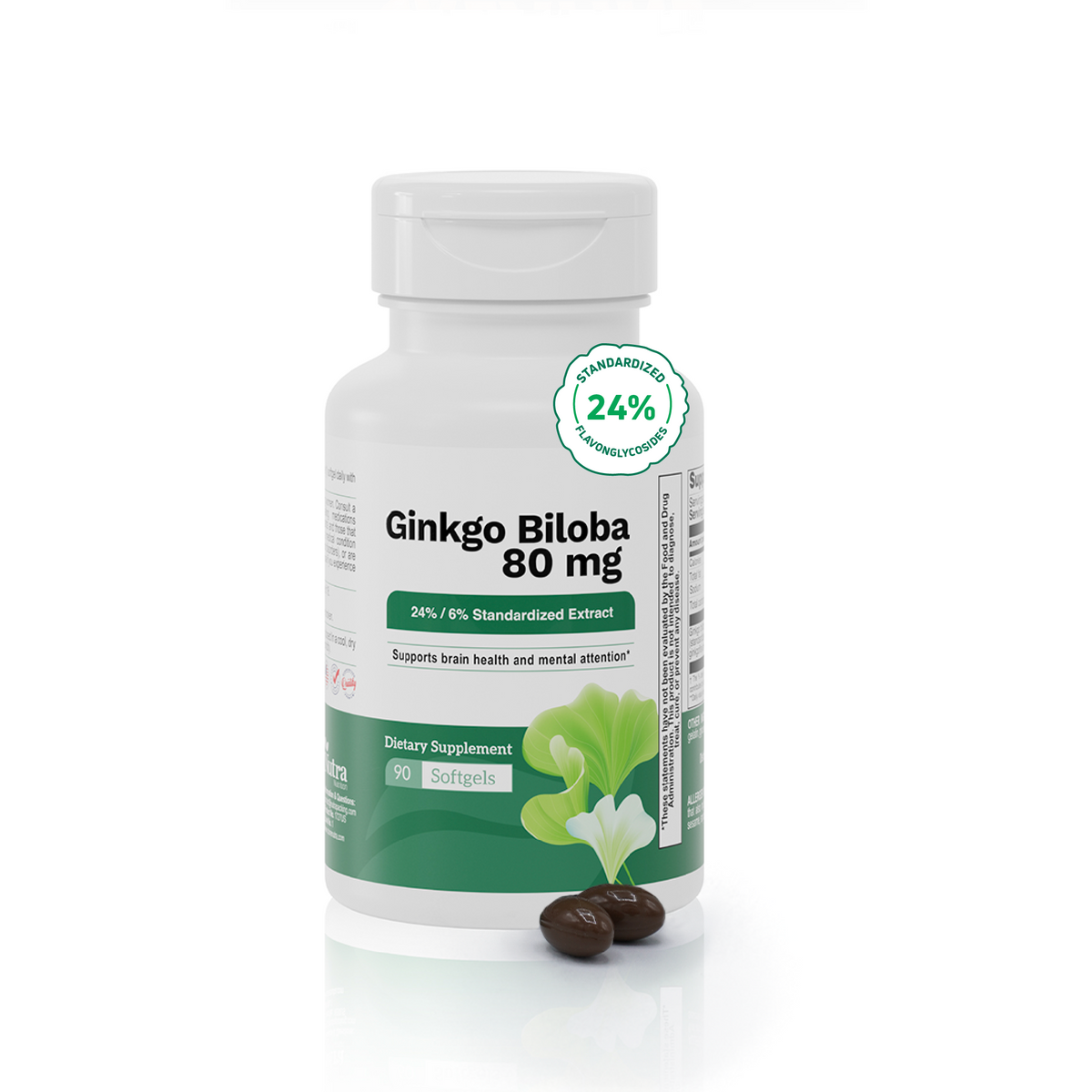 Ginkgo Biloba 80 mg supplement bottle with 90 softgels and standardized extract.