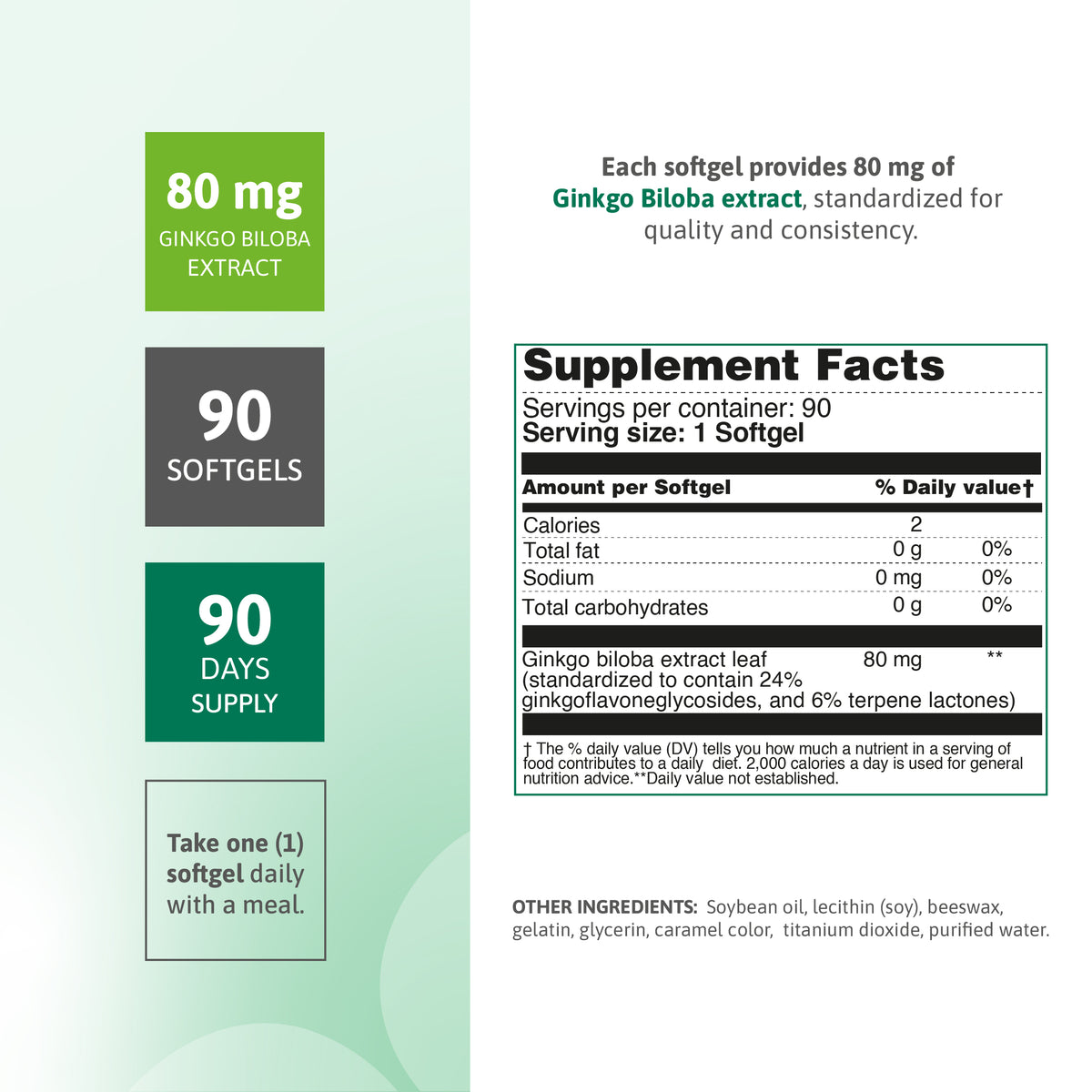 Supplement facts for Ginkgo Biloba 80 mg extract with 90 softgels and 90-day supply.