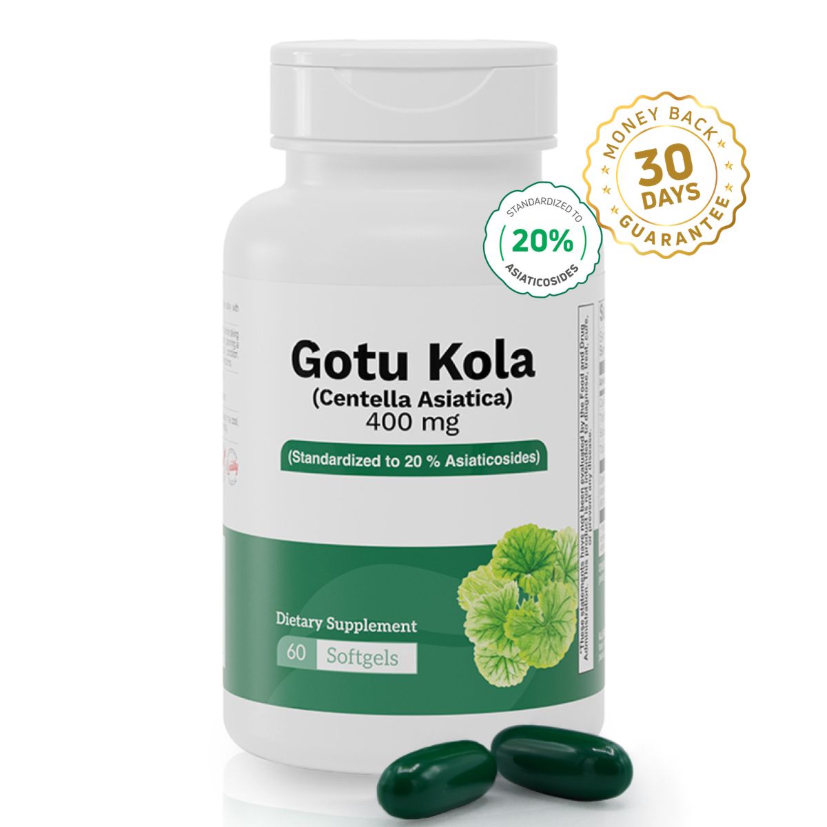 Gotu Kola Centella Asiatica 400 mg dietary supplement standardized to 20% asiaticosides, 60 softgels bottle