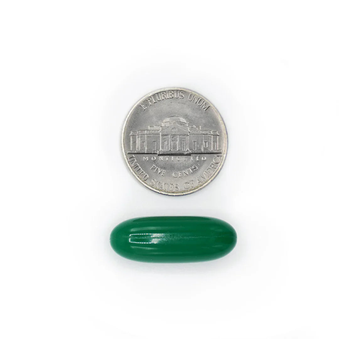 Gotu Kola 400 mg green softgel size comparison with a five cent coin