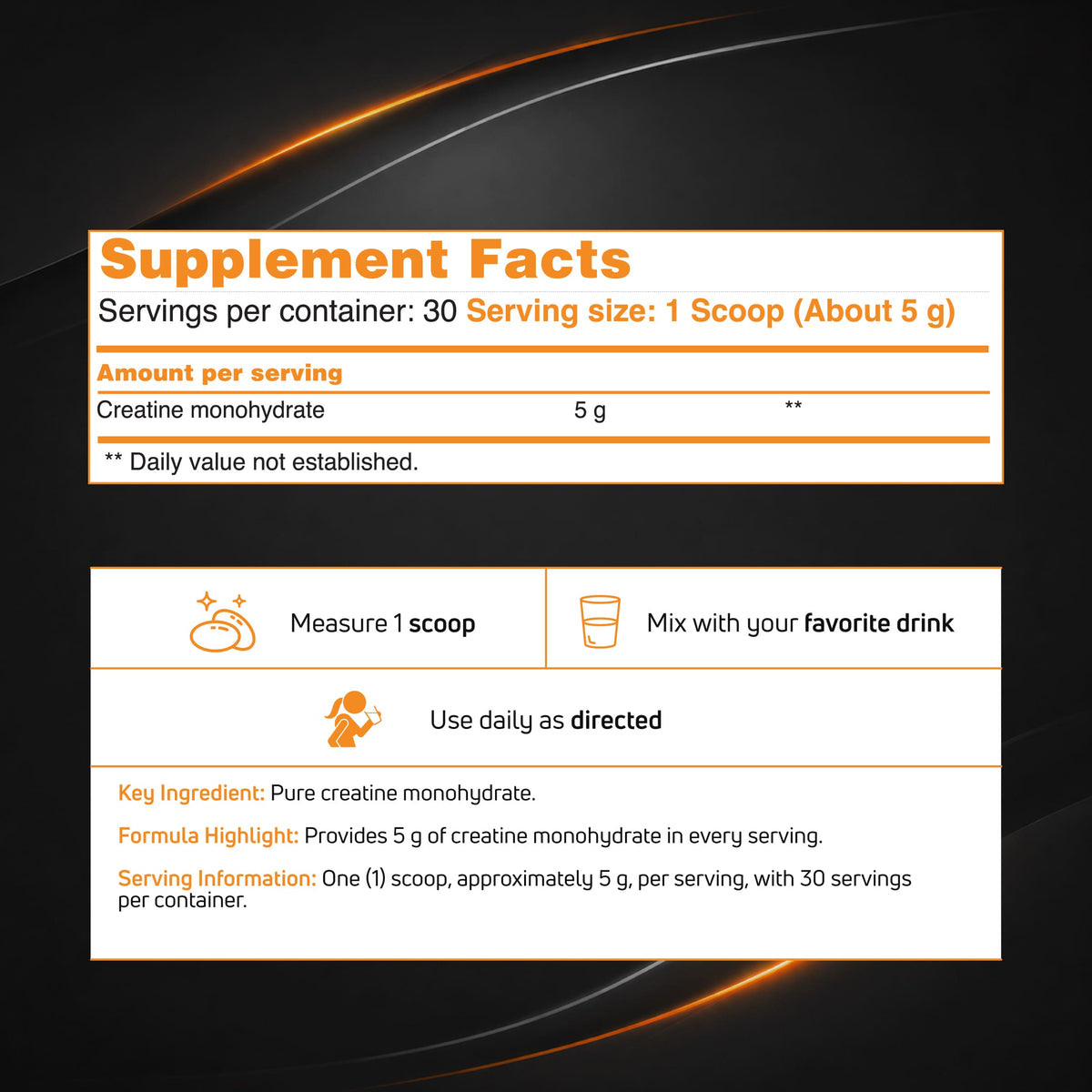 Healthy Sports Creatine Monohydrate supplement facts panel showing 5 grams of creatine monohydrate per serving, serving directions, and ingredient information.