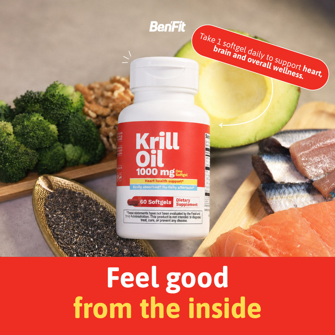 BenFit Krill Oil 1000 mg displayed alongside salmon, avocado, broccoli, walnuts, and chia seeds as part of a daily wellness routine.