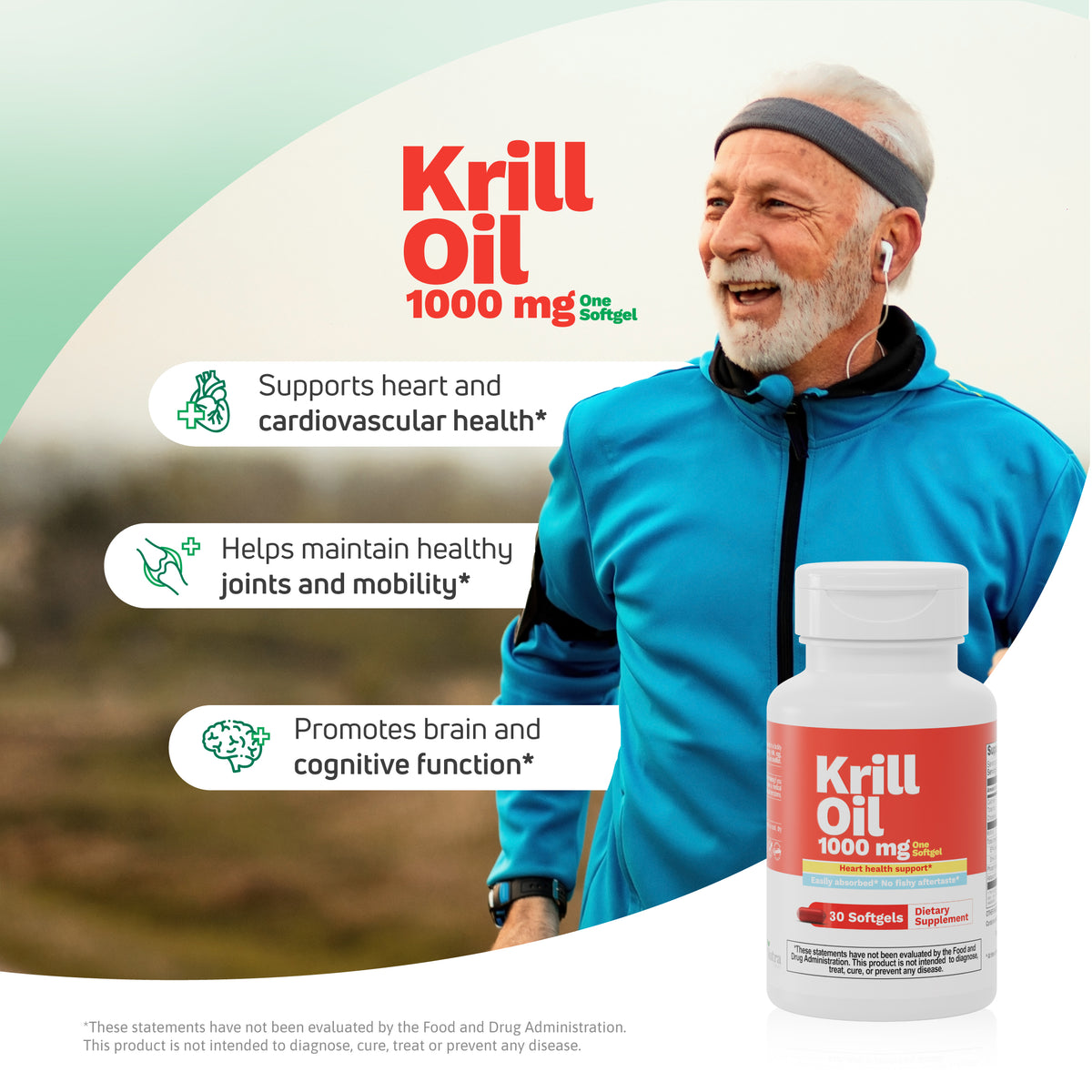 Krill Oil 1000 mg lifestyle image highlighting heart, joint and brain health support for active adults.